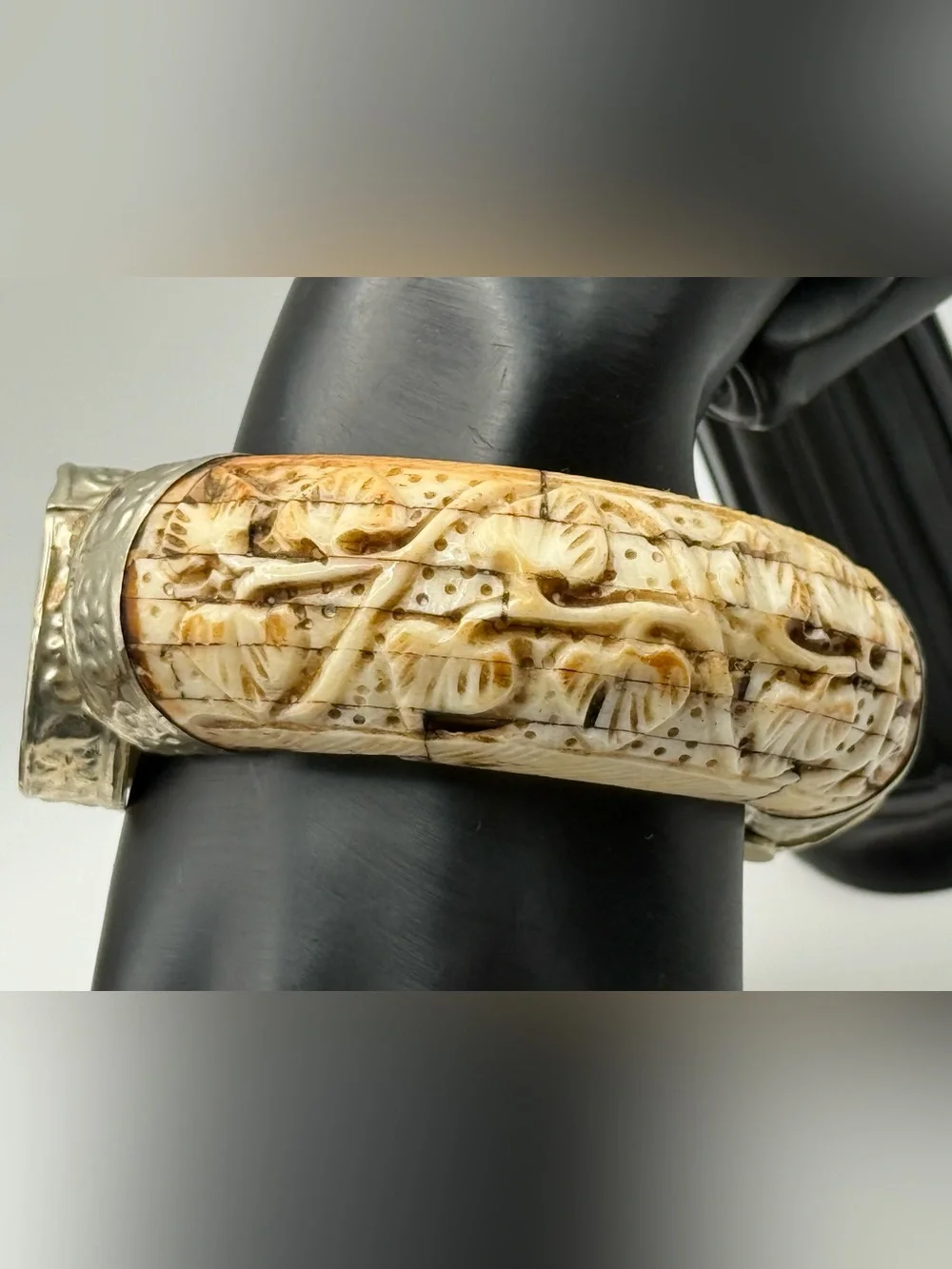 Vintage Tribal Lapis Lazuli Carved Bone Hinged Cuff Bangle Statement Bracelet